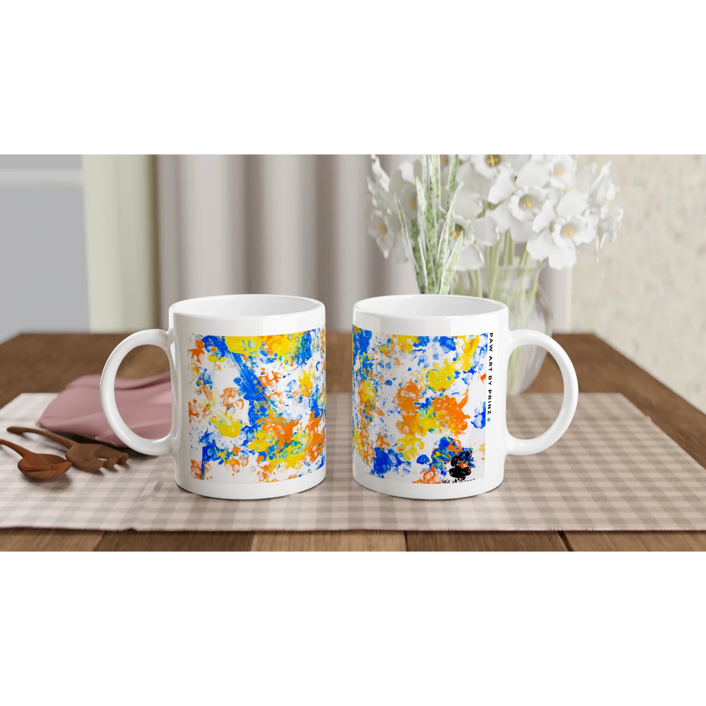 Paw Art by Prinz - White Ceramic Mug - Dancing Paws - Paw Art Artwork