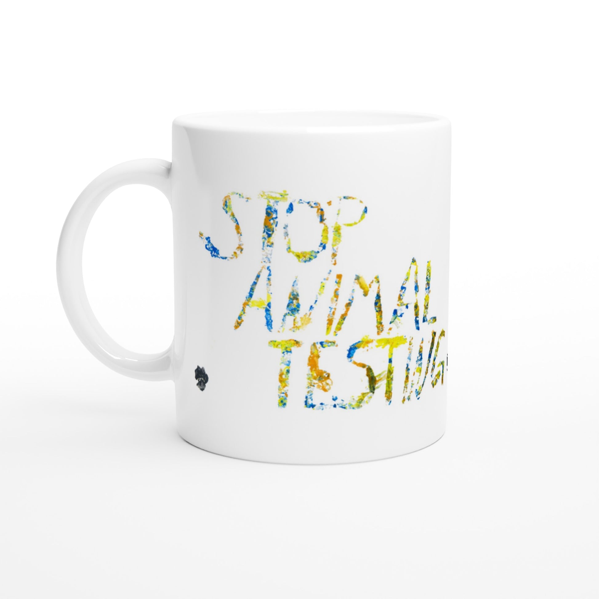 Paw Art by Prinz - White Ceramic Mug - Stop Animal Testing- Paw Art Artwork