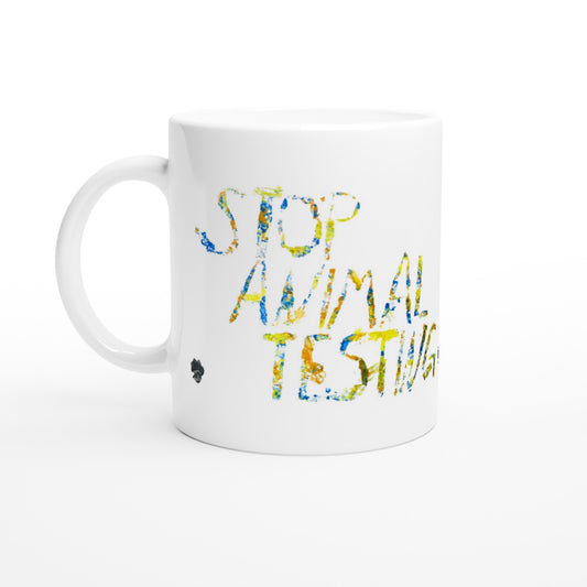 Paw Art by Prinz - White Ceramic Mug - Stop Animal Testing- Paw Art Artwork